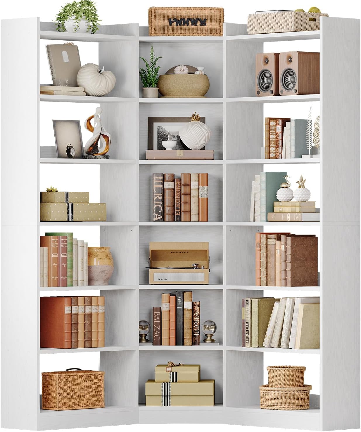 IRONCK Corner Bookshelf, 7-Tier Bookshelf with Storage, Corner Bookcases with Baffles Etagere Shelf for Living Room Home Office Bedroom, White