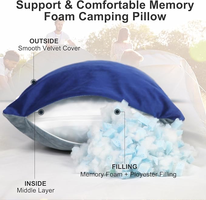 Camping Travel Pillow - Portable Pillow with Travel Storage Bag, Lightweight Memory Foam Travel Pillow Removable Washable Cover for Adults Kids, Great for Travel, Camping and Backpacking