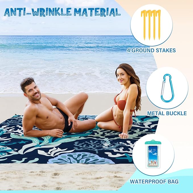 Beach Blanket Waterproof Sandproof 1-7 Adult Oversized 78 '' × 110 '' Lightweight Durable Compact Sand Free Beach Mat for Travel Camping Hiking Picnic Blanket Extra Large