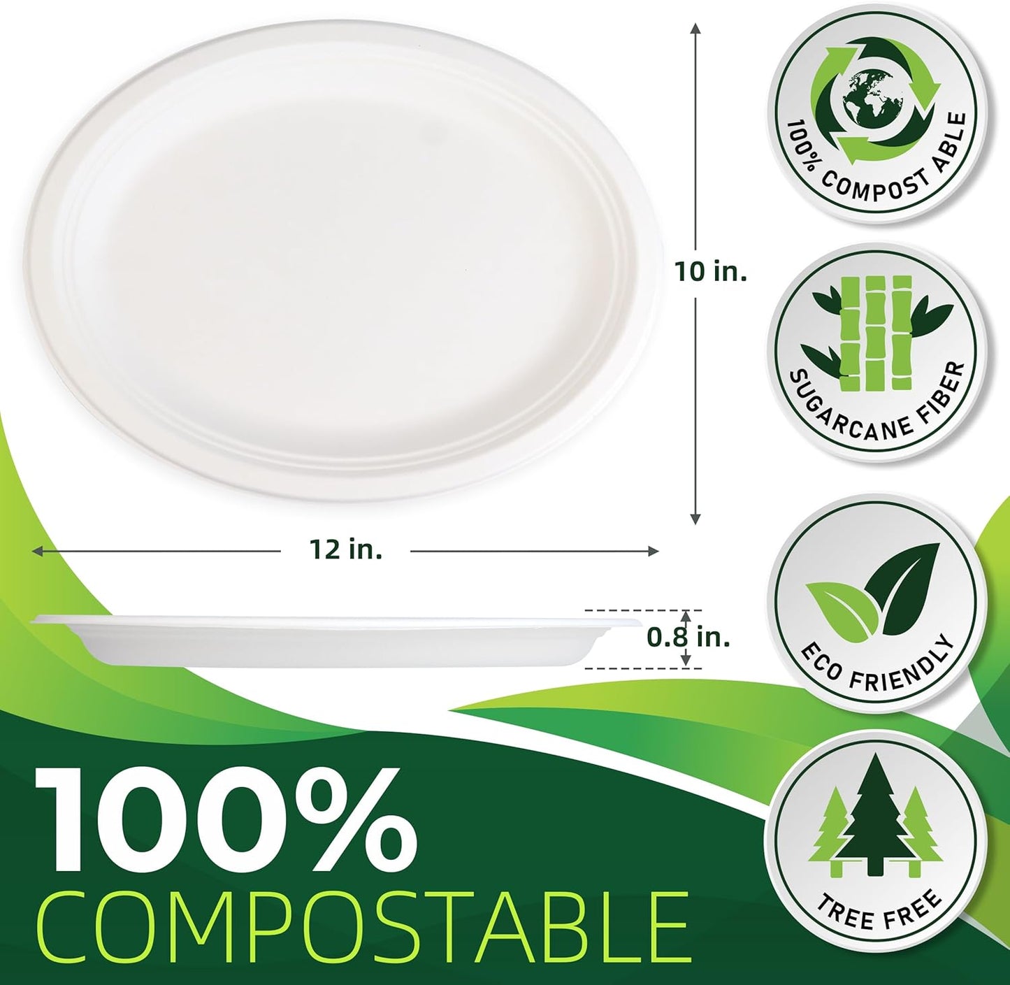 100PCS 100% Compostable White Oval Paper Plates(12in), Heavy Duty Disposable Plates, Eco-Friendly Dinner Plates, Biodegradable Salad, Meal, Dessert Plates, Perfect for Parties, Picnic, BBQ