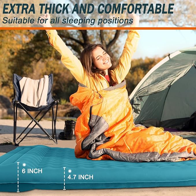 Double Sleeping Pad for Camping, Extra Thick 4.7 Inch Inflatable Camping Mattress 2 Person, Self Inflating Sleeping Mat for Backpacking Travel, Portable Camping Mat with Foot Pump and Pillow