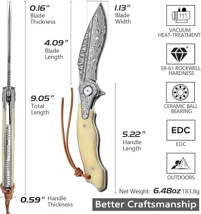 Handmade Damascus Steel Folding Hunting Knife with Leather Sheath,4.09'' Large Blade,Damascus and Bone Handle Pocket Knives for Men EDC Camping, Lepus-02