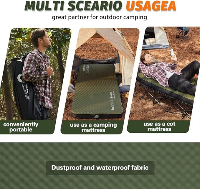 CYMULA Camping Mattress 4 Ultra-Thick Self Inflating Sleeping Pad with Pump Sack with Memory Foam Sleeping Mat for Camping 4-Season,Travel,Car,Tent,Home (79"x28"x4" Single)