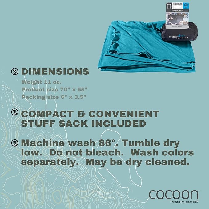 COCOON - Coolmax Travel Blanket | Compact Throw Blanket for Camping and Hiking | Fits in Backpack | Attaches to Luggage | Travel Essential | Fast Drying (Regular 70" x 55")