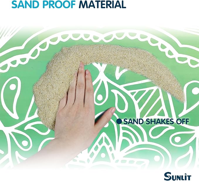 Sunlit 10'x9' Extra Large Boho Sand Proof Beach Blanket, Sand Proof Mat with Corner Pockets and Mesh Bag for Beach Party, Travel, Camping and Outdoor Music Festival, Blue Violet Sea Green Mandala