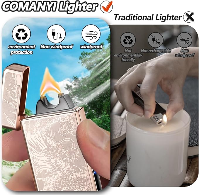Rechargeable Lighter USB Electric Lighter Plasma Arc Candle Lighter Dragon Torch Lighter High Power Flame Windproof Lighter with LED Power Display for Camping, Hiking, Traveling (GoldDragon)