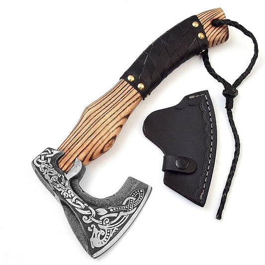 H&A CRAFTS® Viking Axe The Ragnar Lothbrok Real, and Custom Crafted with Leather Sheath Carbon Steel Camping Hatchet Personalized Gifts for Men (Valhalla Viking Axe)