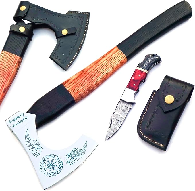 Hand Forged Vikings Axe & Damascus Steel Folding Knife Set- 21"" Carbon Steel Nordic Hatchet + EDC Knife with Sheath- Ideal for Camping, Gift for Men, Red-Black