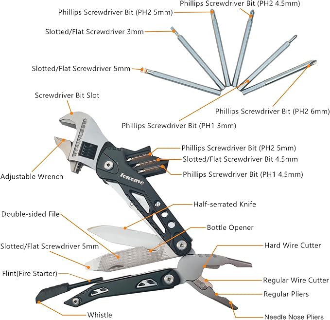 Wrench Multitool, Premium Multi Tool Wrench Pliers Knife with 9PCS Screwdriver Bits Wire Cutters Bottle Opener, Practical Multi Purpose Outdoor Camping Emergency Car Toolbox Gifts for Men