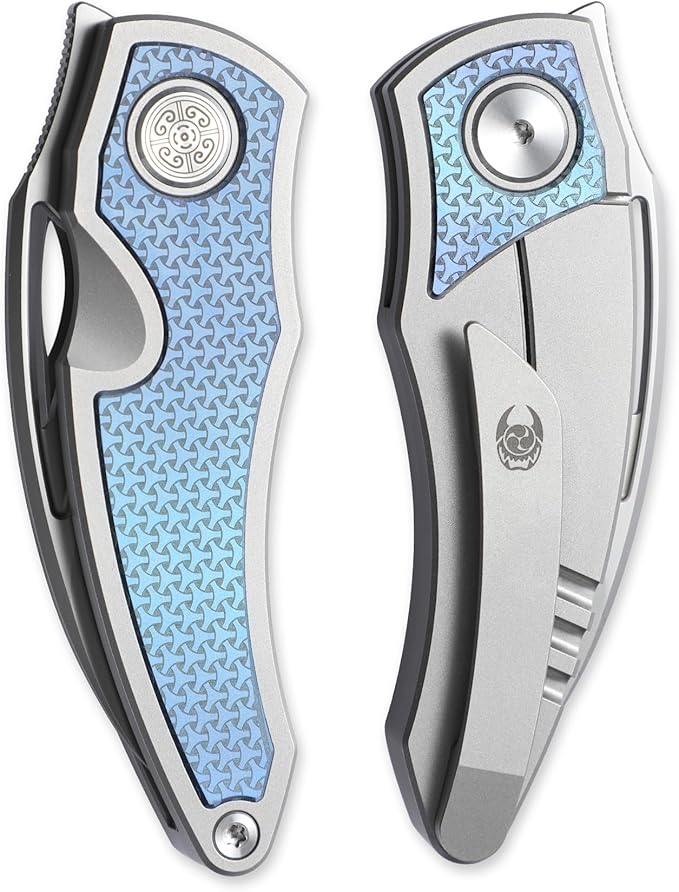 Knife Karasu Pocket Folding Knife,2.12" Grey Ceramic M390 Steel Blade Titanium Handle Front Flipper Knife,Small EDC Knife with Pocket Clip (Grayish Blue)