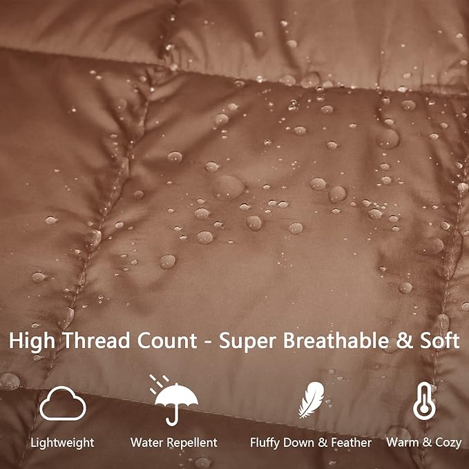 Mini Down Camping Blanket,Puffy Down Blanket Packable Lightweight Down Throw Quilt Water-Resistant Outdoor Travel Blanket for Camping,Hiking,Stadium,Picnic,Car 35x59''Brown