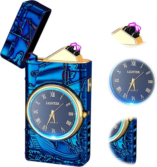 Electric Lighters Rechargeable Type c USB Lighter Windproof Flameless Plasma Dual arc Lighter Metal Cool Lighters with Clock dial Candle Lighters for Candle, Candlestick (Blue)