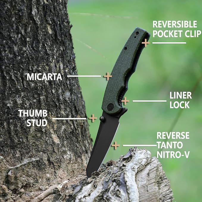 CIVIVI P87 Folder EDC Knife, Kaila Cumings 2.9-in Nitro-V Black Stonewashed Blade Reverse Tanto, Micarta Handle with A Thumb Stud Liner Lock Folding Pocket Knife for Everyday Carry (Green)
