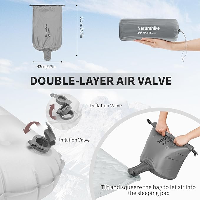 Naturehike 1.76LB Ultralight Self Inflating Sleeping Pad, Patchworkable Sleeping Mat with 8.8 R-Value for Camping, Hiking, Climbing with Inflatable Bag, Grey Rectangular