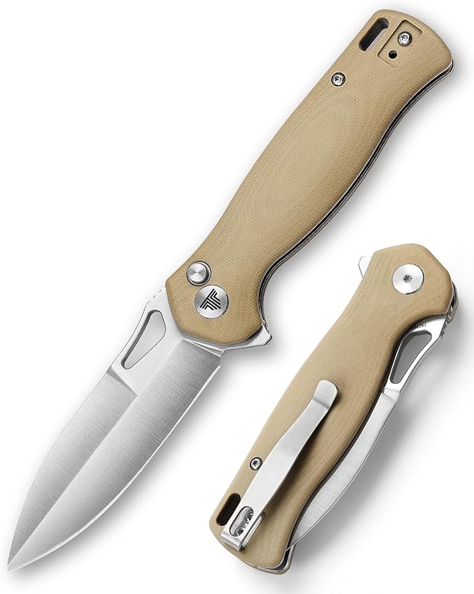 Knives - Crateris-03D Folding Pocket Knife with Clip，Flipper Knife for Men，Button Lock，3.38" Sandvik 14C28N Steel，G10 Scales for EDC Camping Outdoor Tool（Satin Blade）
