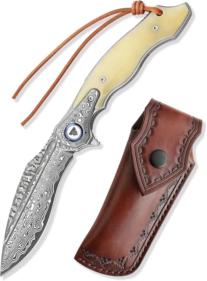 Lepus-02｜4.09" Damascus Folding Knives & Pocket Knife for Men, EDC Flipper Knife with Leather Holster，Hand Polished OX Bone Scale，Collections, Gift Box