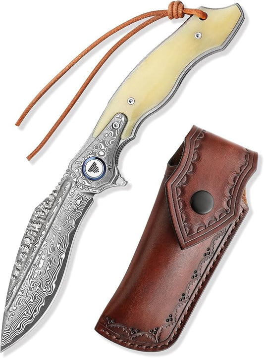 Lepus-02｜4.09" Damascus Folding Knives & Pocket Knife for Men, EDC Flipper Knife with Leather Holster，Hand Polished OX Bone Scale，Collections, Gift Box