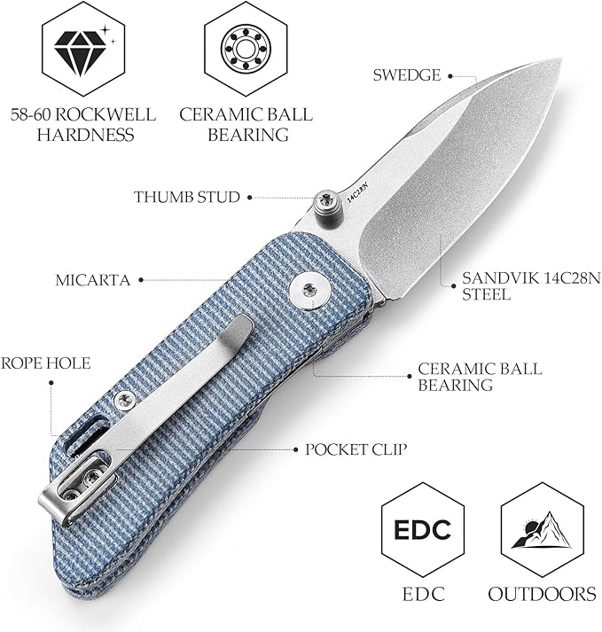 Mini Pocket EDC Knife for Men, 2.32" 14C28N Blade Small Folding Knife with Reversible Deep Carry Clip，Thumb Stud Opener，Ceramic Bearings，Micarta Handle， Bootes-04L