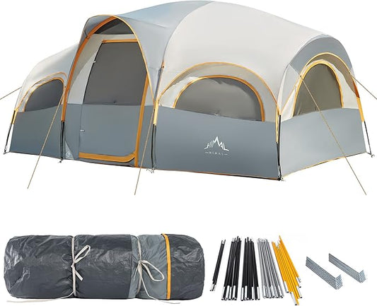 8 Person Tent for Camping, Waterproof Windproof Family Tent with Rainfly, Divided Curtain Design for Privacy Space, Portable with Carry Bag
