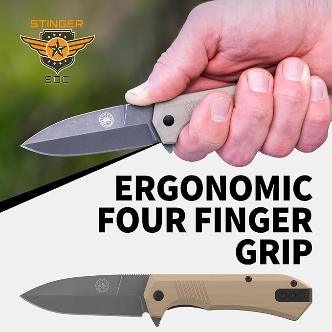 Off-Grid Knives - Stinger EDC Folding Knife with Spear Point Blade, Crucible 154CM Steel, G10 Scales, Deep Carry Clip, Everyday Carry (Coyote Spear Point)