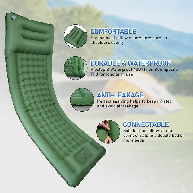Camping Mattress Extra Thick 5in, Sleeping Pad for Camping with Pillow, Single Backpacking Camping Mat Built-in Pump, Self Inflating Sleeping Pad, Sleep Mat Holds 440 lbs, 40D Nylon, Repair Kit
