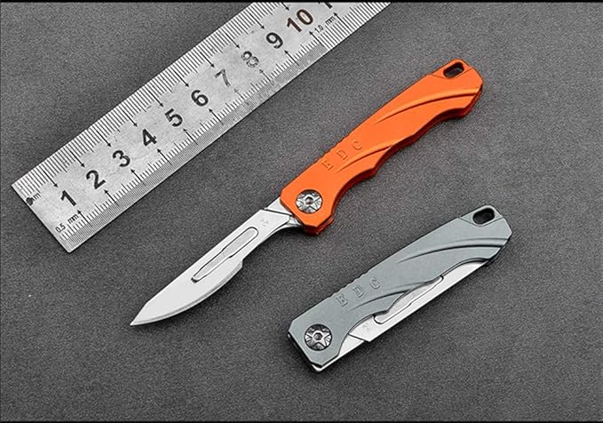 Mini EDC Pocket Knife,Aluminium Alloy Handle Carbon Steel Blade Folding Knife with 10 Extra Replaceable Blades,Portable Lightweight and Compact (Orange)