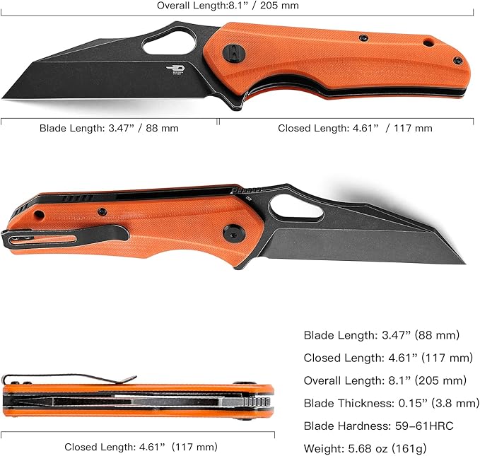 BESTECH KNIVES Pocket Folder Folding Knife: 3.47" D2 Steel Black Tanto Blade, G10 Handle, EDC Clip, BG36E (Orange)