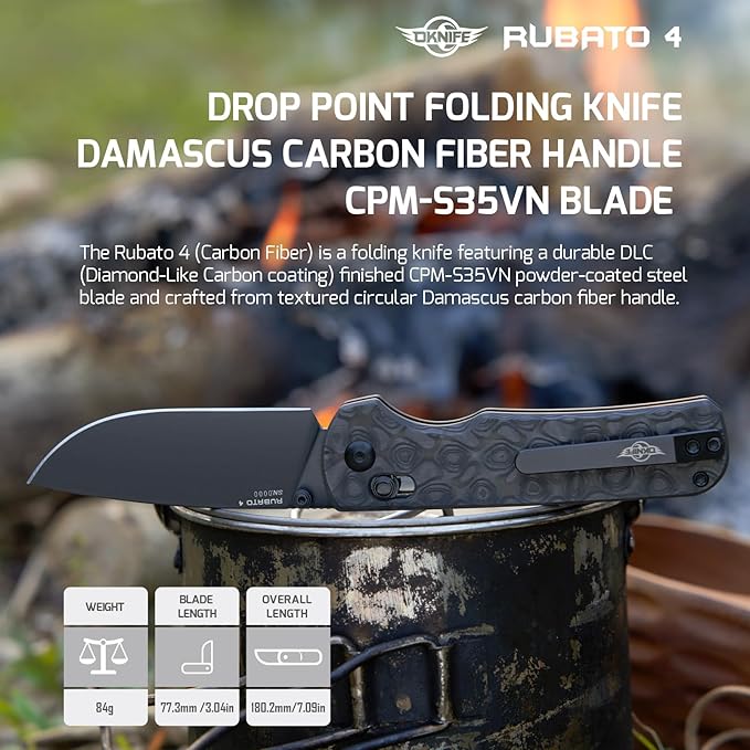 OKNIFE Rubato 4 Folding Knife, CPM-S35VN Steel, 3.04" Blade Damascus Carbon Fiber Handle with Titanium Pocket Clip, Drop Point, Rail Lock, Thumb Stud