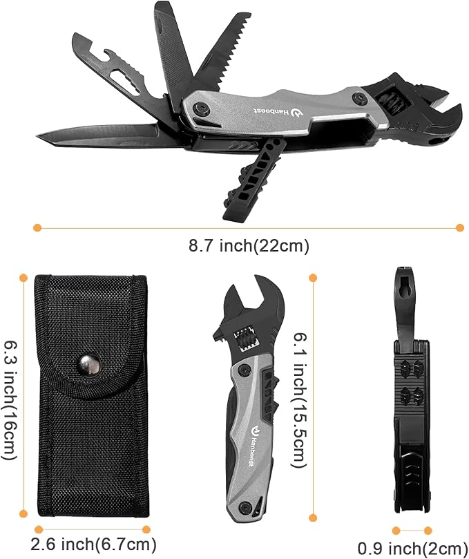 Multitool Wrench Wide Jaw Opening Camping Gear, Gift Ideas for Him,12 In 1 Small Adjustable Spanner with Screwdriver bits, Knife & Bottle Opener,Survial Tool for Home, Outdoor & DIY.
