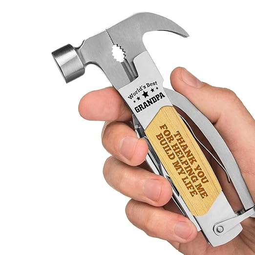Multitool Camping Hammer for Men - Multi Purpose Gifts for Grandpa with Engraved Sentiments and Carrying Case - Stainless Steel and Pine Wood - Perfect for Camping Trips and Home Project