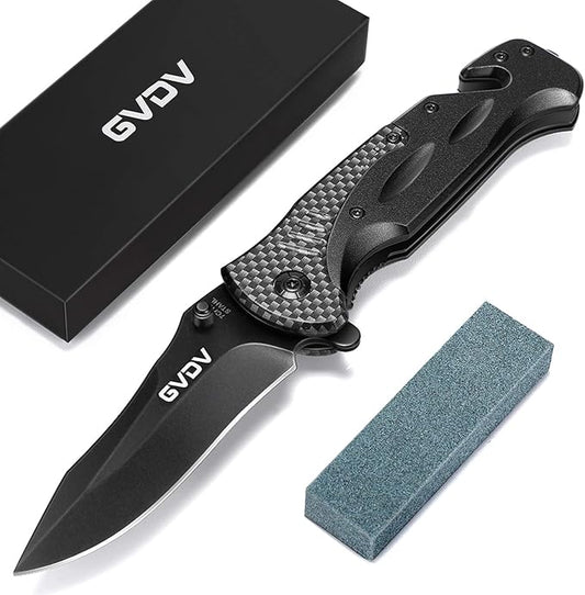 GVDV Utility Pocket Knife with 7Cr17 Stainless Steel - Folding Knife for EDC Outdoor Camping Hunting, Seatbelt Cutter, Glass Breaker for Emergencies, Black