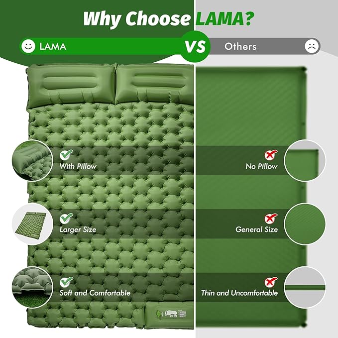 LAMA Double Sleeping Pad for Camping, 2 Persons Self Inflating Camping Mat for Sleeping, Ultralight Sleeping Mat with Pillow Built-in Pump, Ultra-Thick Air Mattress for Backpacking, Hiking, Green
