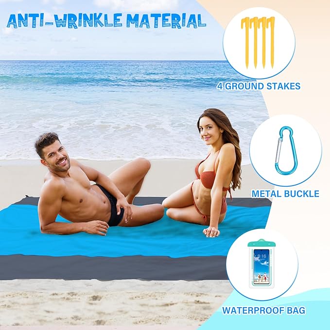 Beach Blanket Waterproof Sandproof 1-7 Adult Oversized 78 '' × 81 '' Lightweight Durable Compact Sand Free Beach Mat for Travel Camping Hiking Picnic Blanket