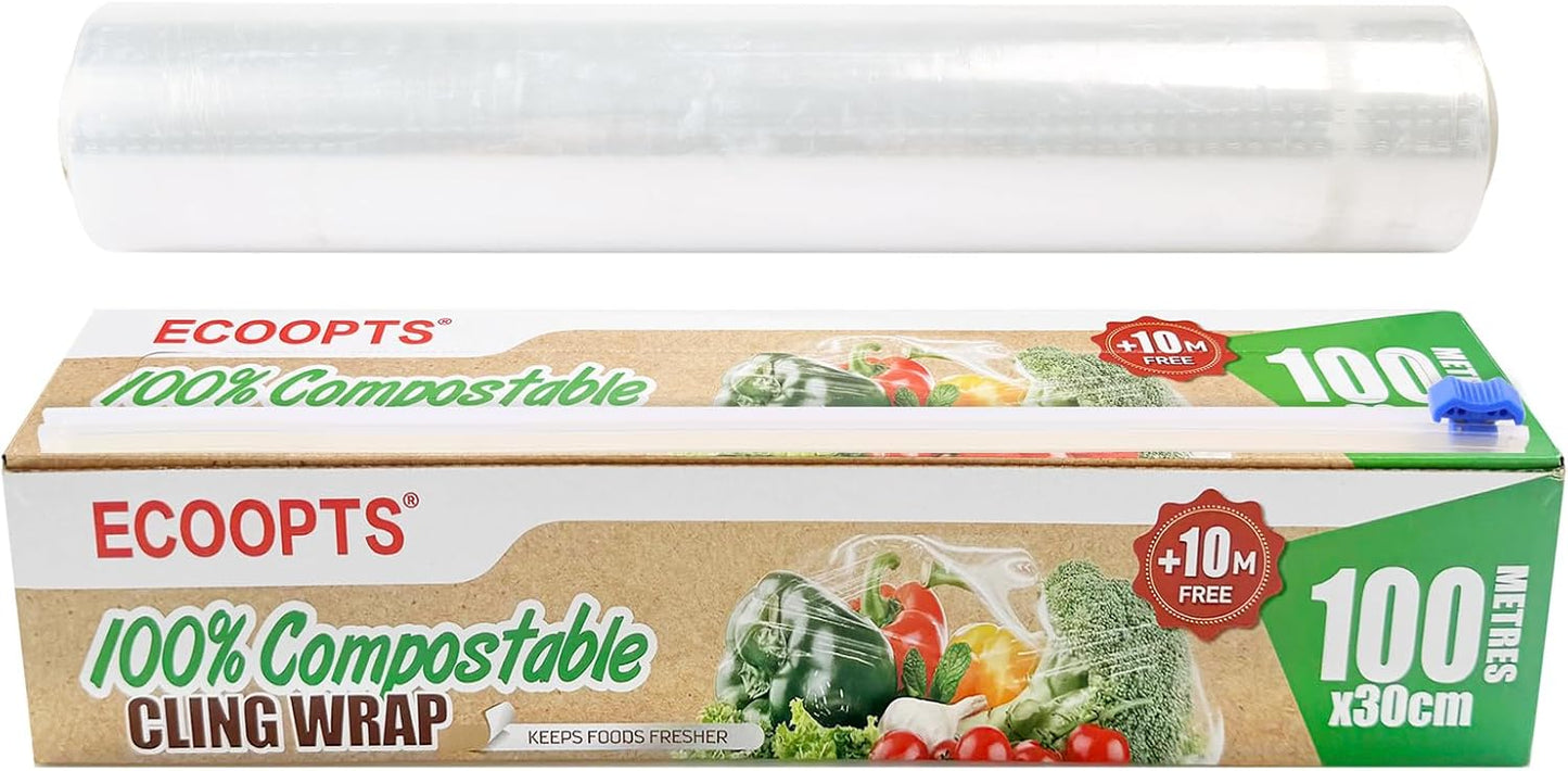 100% Compostable Plastic Cling Wrap Dispenser With Slide Cutter 12 inch Food Service Cling Film Wrap Roll - 12" x 360 Ft ECO friendly Food Wrap(The Slide Cutter stored in The Inner core of The roll)