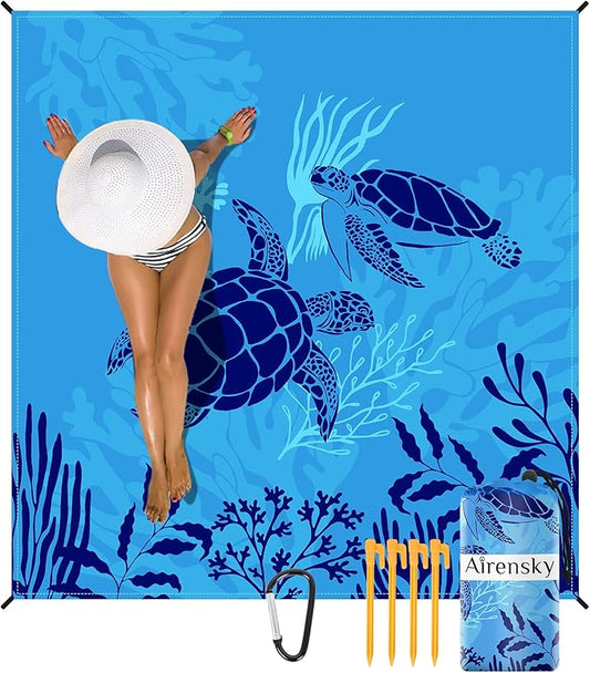 Airensky Beach Blanket, Sandproof Beach Mat 79" X 82" for 4-7 Adults, Large Waterproof Beach Blanket Compact Lightweight Beach Blanket with 4 Stakes for Picnic Camping Travel Hiking(Blue Turtles)