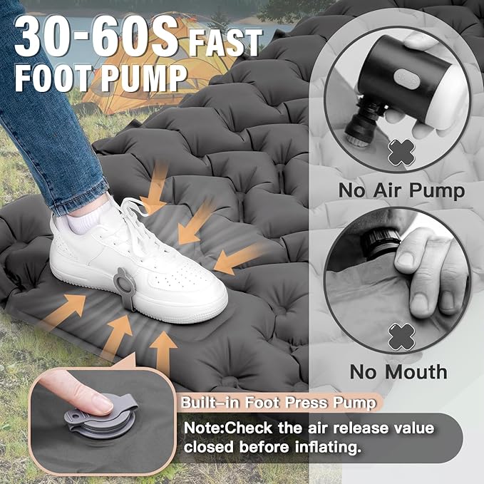 Sleeping Pad, 50D Ultralight Camping Mat with Pillow Built-in Foot Pump Sleeping Mat Waterproof Portable and Compact Camping Mattress for Backpacking Hiking Traveling Tent Air Mattress (Grey)