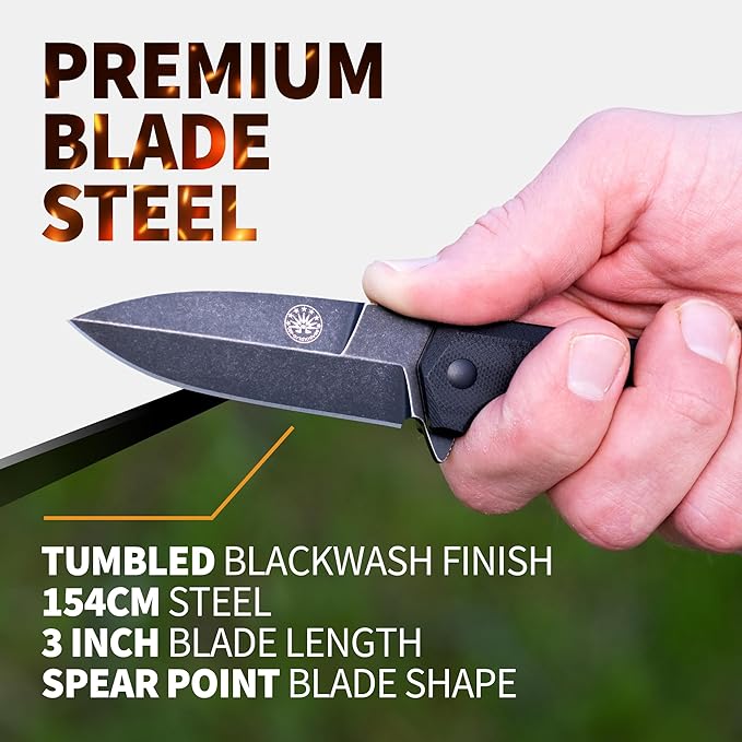 Off-Grid Knives - Stinger EDC Folding Knife with Spear Point Blade, Crucible 154CM Steel, G10 Scales, Deep Carry Clip, Everyday Carry (Blackout Spear Point)