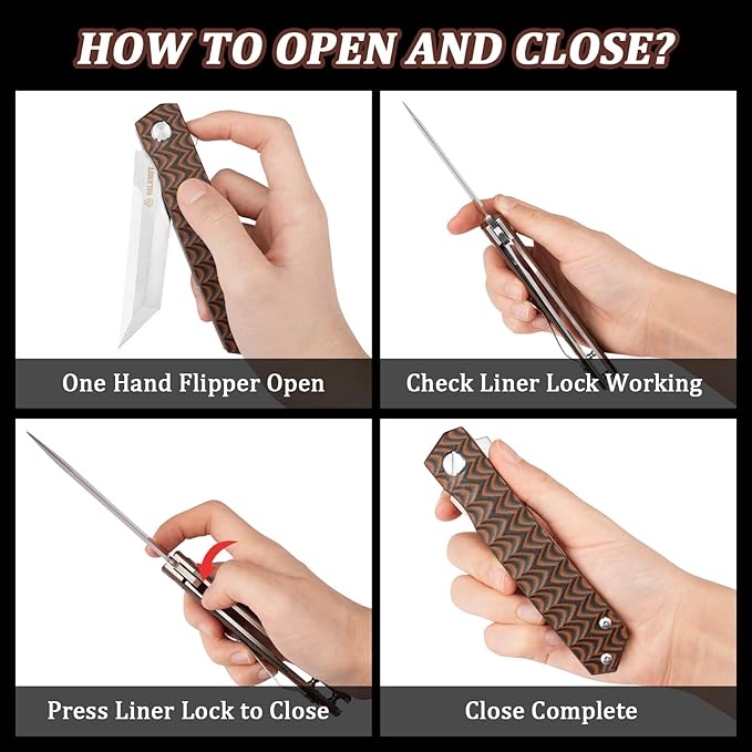 Tanto Folding Pocket Knife D2 Steel EDC Knives for Men, Flipper Opening Japanese Tanto Knife 3-1/2'' Blade