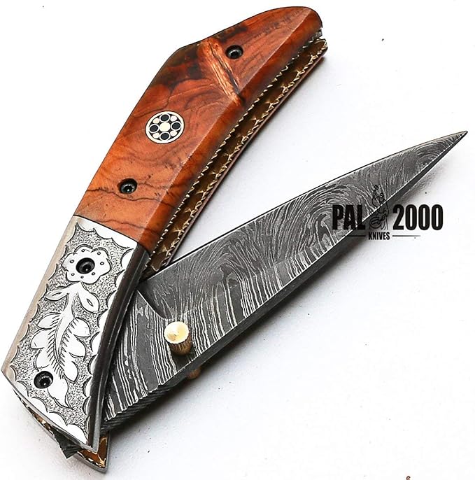 PAL 2000 KNIVES FOL-8832 Handmade Damascus Steel Folding Pocket Hunting Knife with Sheath