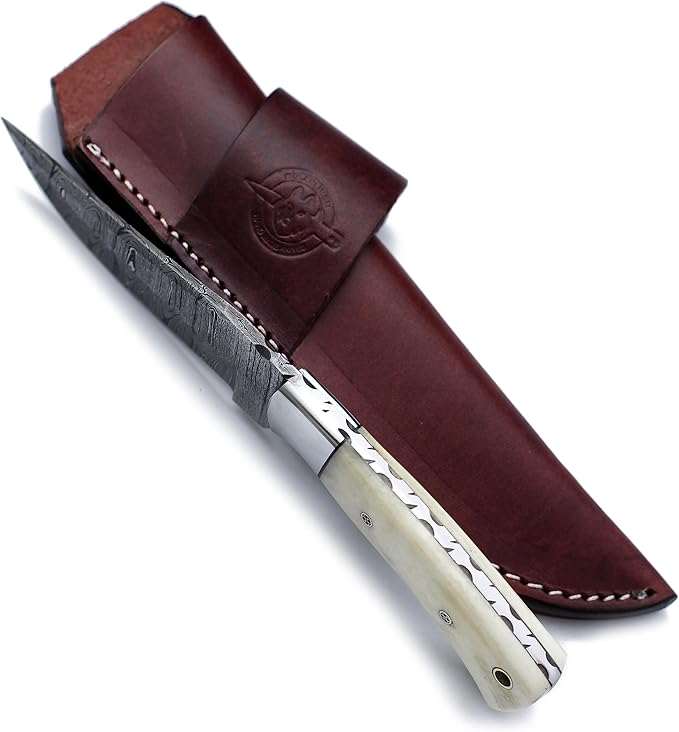 Handmade Damascus Steel Knife Bowie for Hunting,Survival,Camping,Bushcraft,and Fishing- Fixed Blade Dagger with Drop point Full Tang Micarta Handle, Leather Sheath - WKD-803