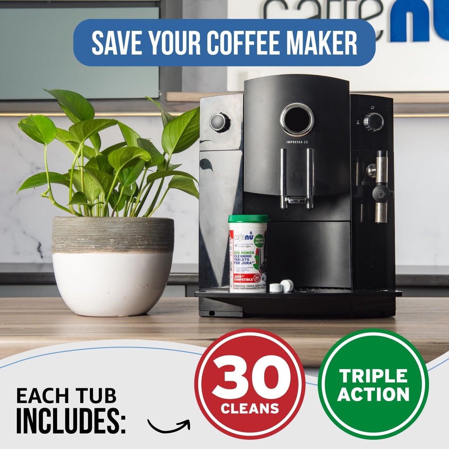 Jura Compatible Cleaning Tablets. 30 Tablets Cleaning. Coffee Cleaning Tablets - Cleans Internal Parts, Portafilter, Inaccessible Areas. Use On All Home & Pro Jura Coffee Machines.