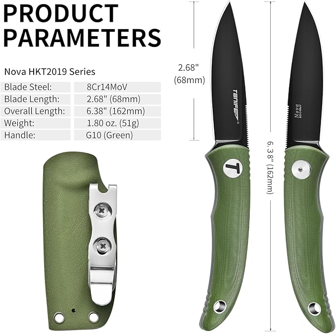 TONIFE Nova 2.68'' Blade Mini Neck Knife Knife Full Tang Fixed Blade Knife with Kydex Sheath and Adjustable Paracord Lanyard for Camping Outdoor Survival Tool (Green+Black Titanium)