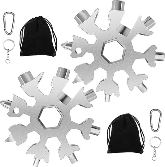 Snowflake Multi Tool, 2PCS 18 in 1 Snowflake Tool Stainless Steel Snowflake Handy Tool with Storage Bag (Silver)