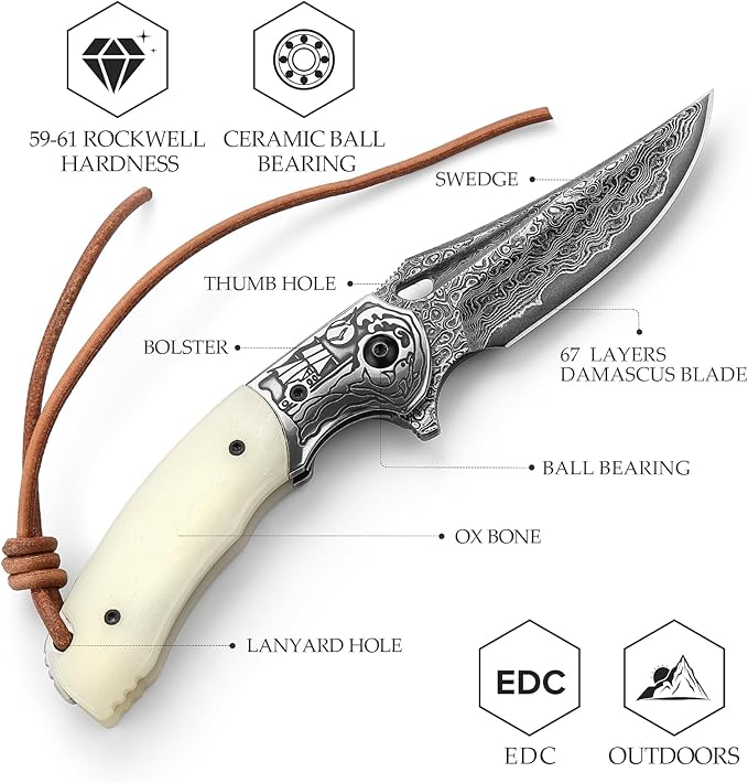 Pocket EDC Knife for Men, Folding Knife with Clip， 3.15" Damascus Steel Blade，OX Bone Handle, Leather Sheath for Camping Hiking knife，Puppis-02W