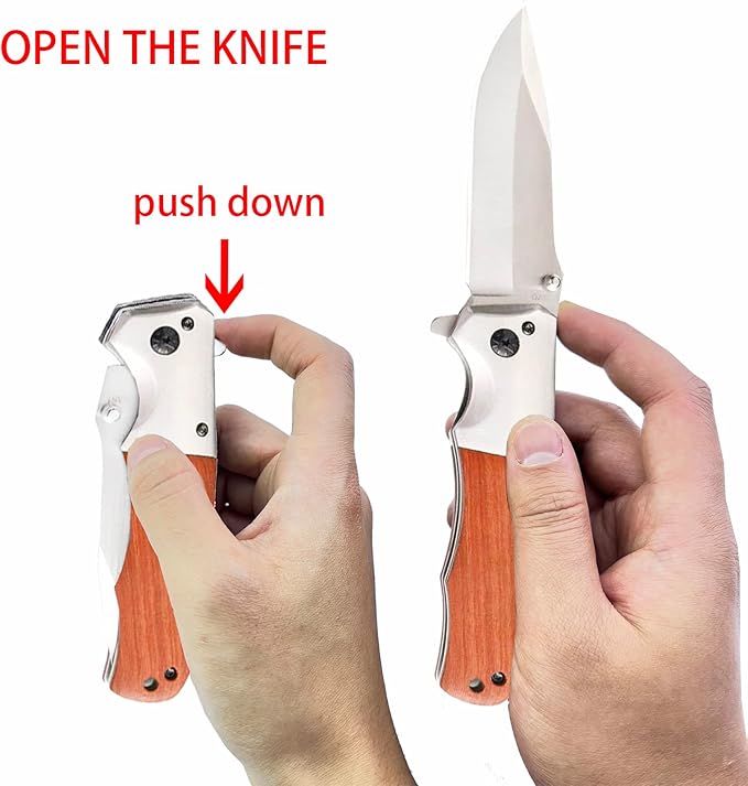 Pocket Folding Knife with 3.5”Stainless Steel blade and wood handle -Folding hunting camping Knife with liner-lock and pocket clip