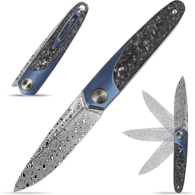 Sitivien ST245 Damascus Steel Folding Knives with Liner Lock, Ball Bearing,Titanium Carbon Fiber Handle EDC Damascus Knife for Men Women(Blue) … …