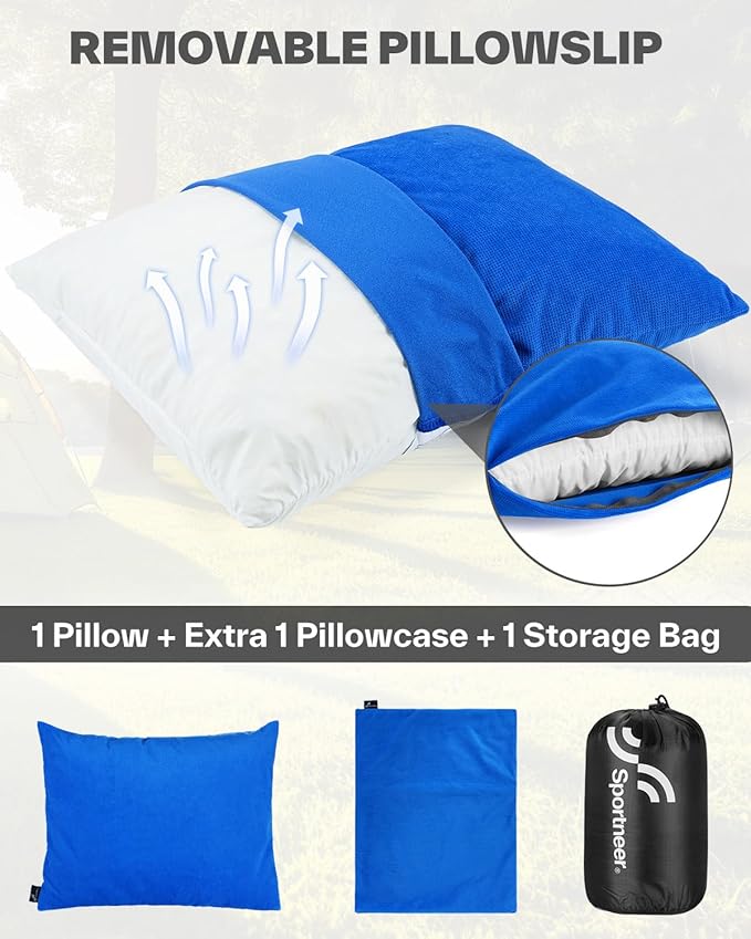 Sportneer Camping Pillow for Sleeping, Compact Camp Pillow Travel Pillow with Washable Cover and Storage Bag Camping Essentials and Travel Pillow for Airplanes Camping Travel