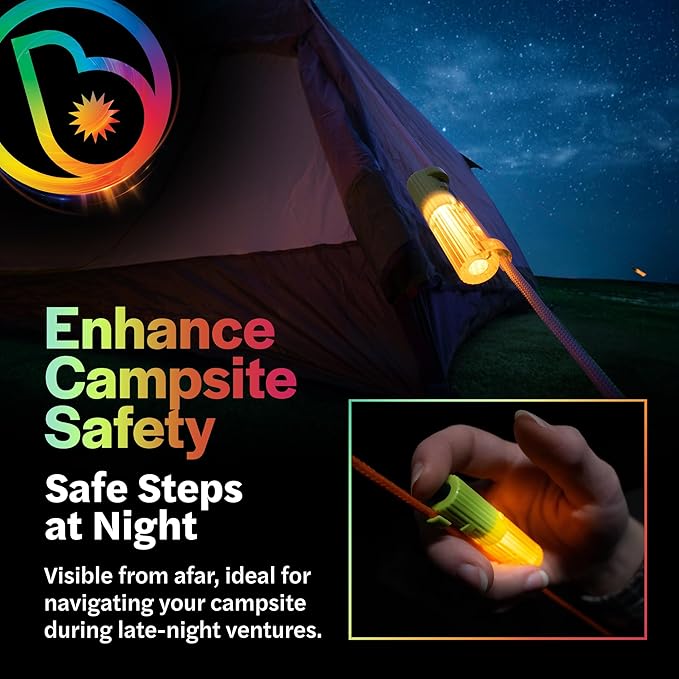 Brightz TentBrightz LED Tent String Lights for Guylines - Never Trip On Your Tent Strings Again - Keeps Tent Strings Visible at Night - Attaches to Tent Guy-Lines Campsite Safety Lights for Tents