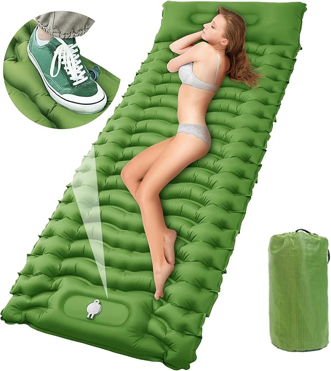 STURME Sleeping Pad for Camping, 3.9 Inch Thickness Self-inflating Camping Mattress with Foot Pump, Compact Air Mattress Ultralight Sleeping Mat with Pillow for Backpacking, Hiking, Outdoor -ArmyGreen