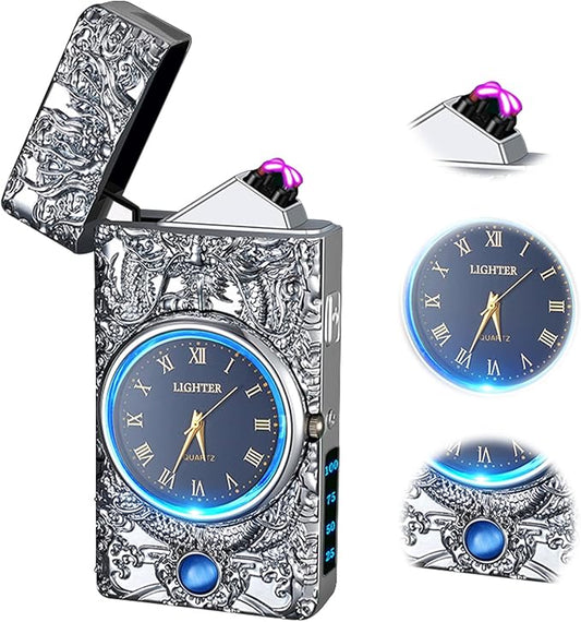 Gifts for Him Electric Lighters Rechargeable USB Lighter Windproof Flameless Plasma Lighters Unique Lighter with Battery Indicator Butane Free Electric Candle Lighter, Gifts for Men（Silver）